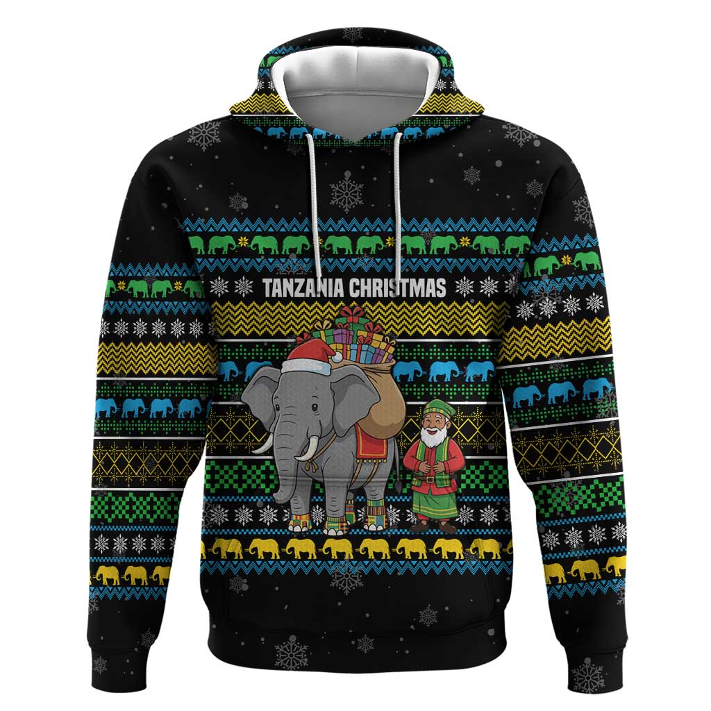 Tanzania Christmas Hoodie African Santa Riding Elephant Snowflakes - African Pride