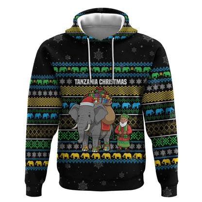 Tanzania Christmas Hoodie African Santa Riding Elephant Snowflakes - African Pride