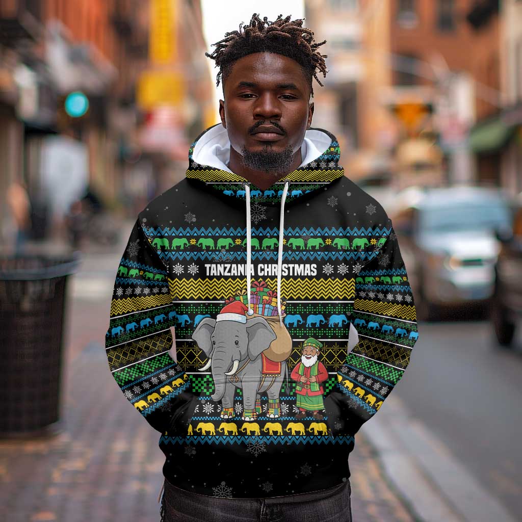 Tanzania Christmas Hoodie African Santa Riding Elephant Snowflakes - African Pride