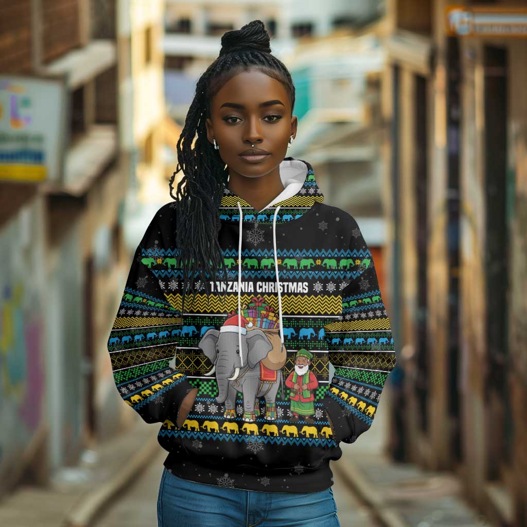 Tanzania Christmas Hoodie African Santa Riding Elephant Snowflakes - African Pride