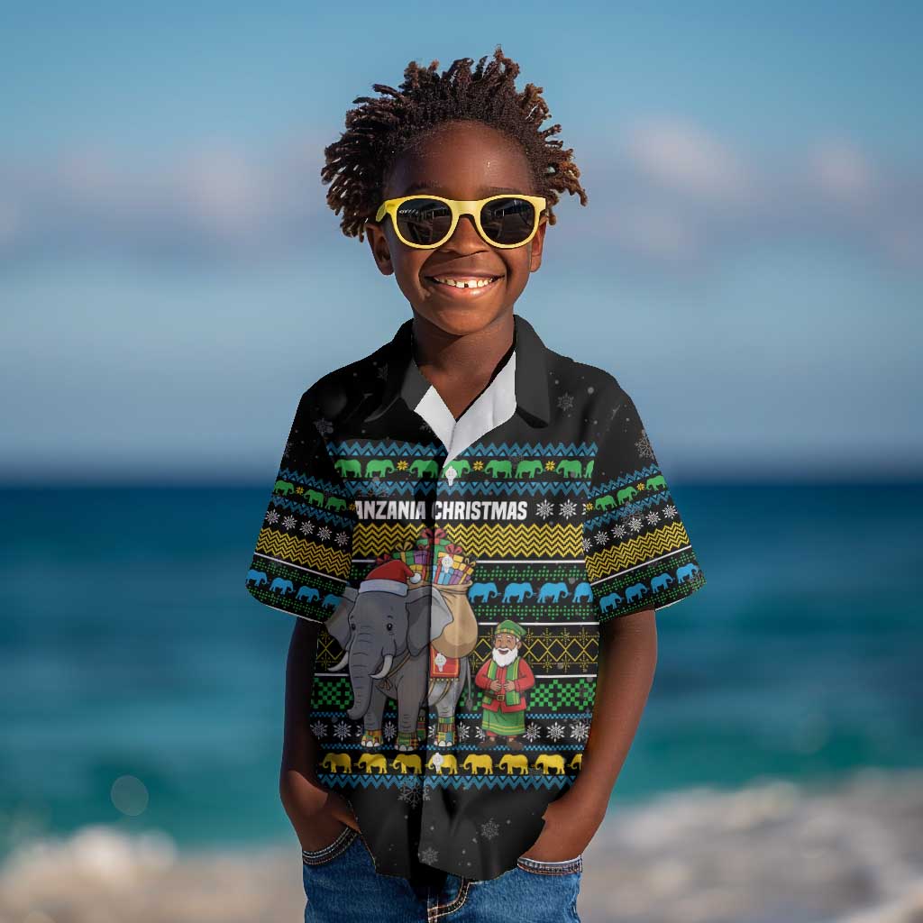 Tanzania Christmas Kid Hawaiian Shirt African Santa Riding Elephant Snowflakes - African Pride