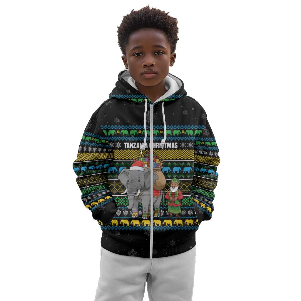 Tanzania Christmas Kid Hoodie African Santa Riding Elephant Snowflakes - African Pride