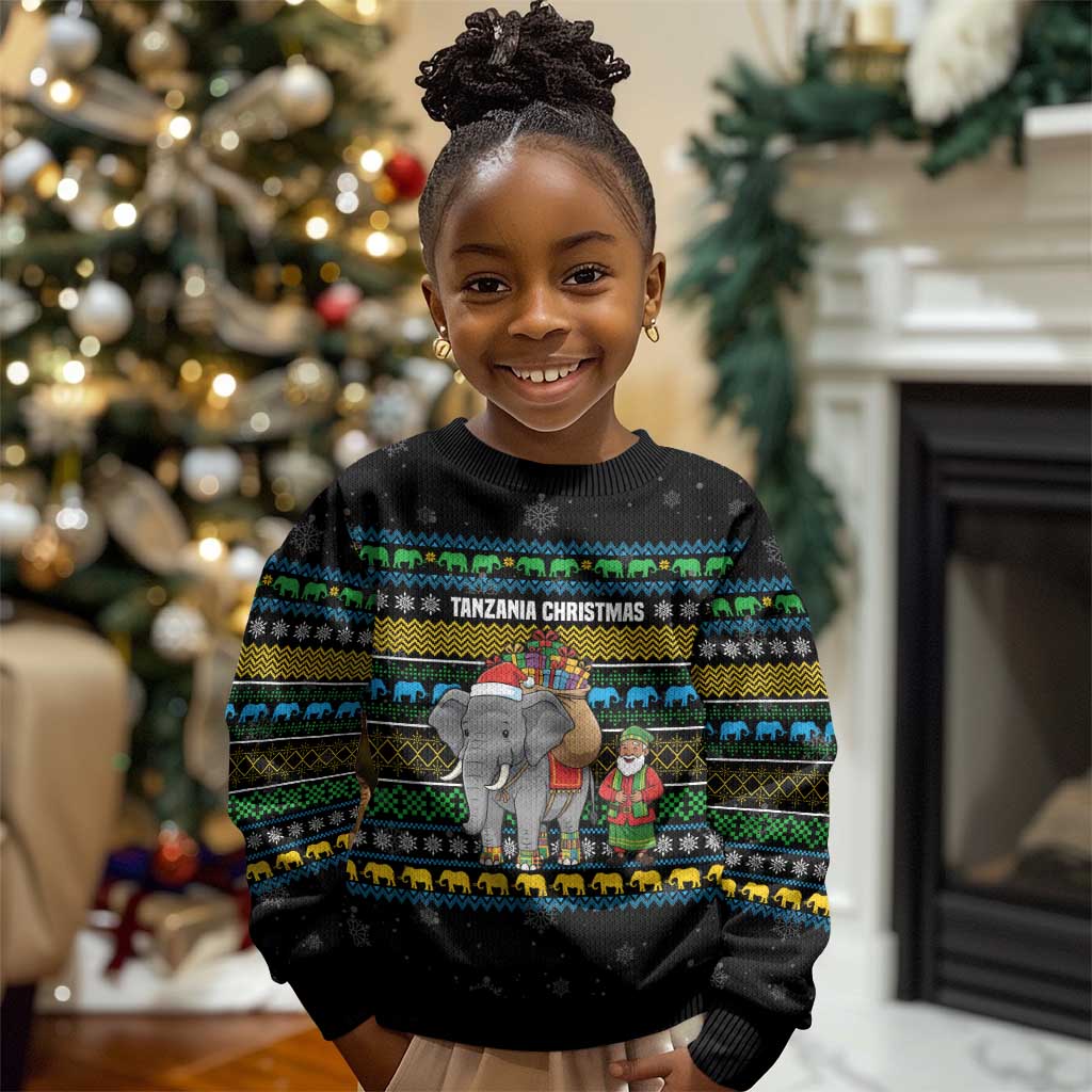 Tanzania Christmas Kid Ugly Christmas Sweater African Santa Riding Elephant Snowflakes - African Pride