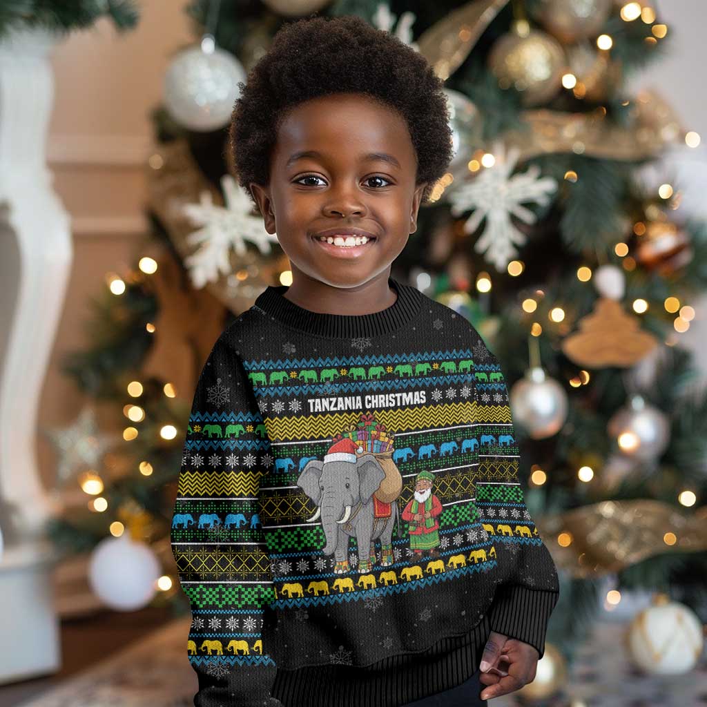 Tanzania Christmas Kid Ugly Christmas Sweater African Santa Riding Elephant Snowflakes - African Pride