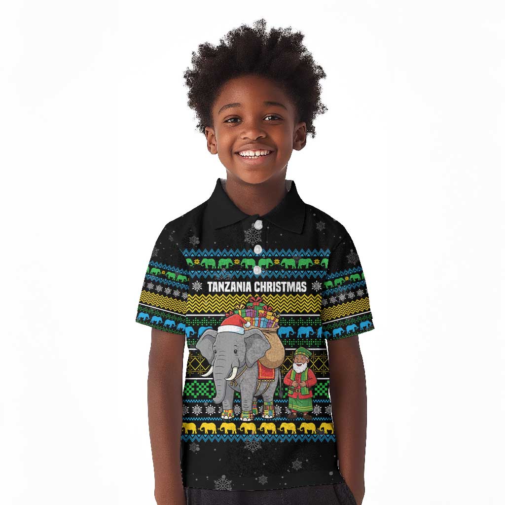 Tanzania Christmas Kid Polo Shirt African Santa Riding Elephant Snowflakes - African Pride