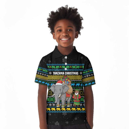 Tanzania Christmas Kid Polo Shirt African Santa Riding Elephant Snowflakes - African Pride
