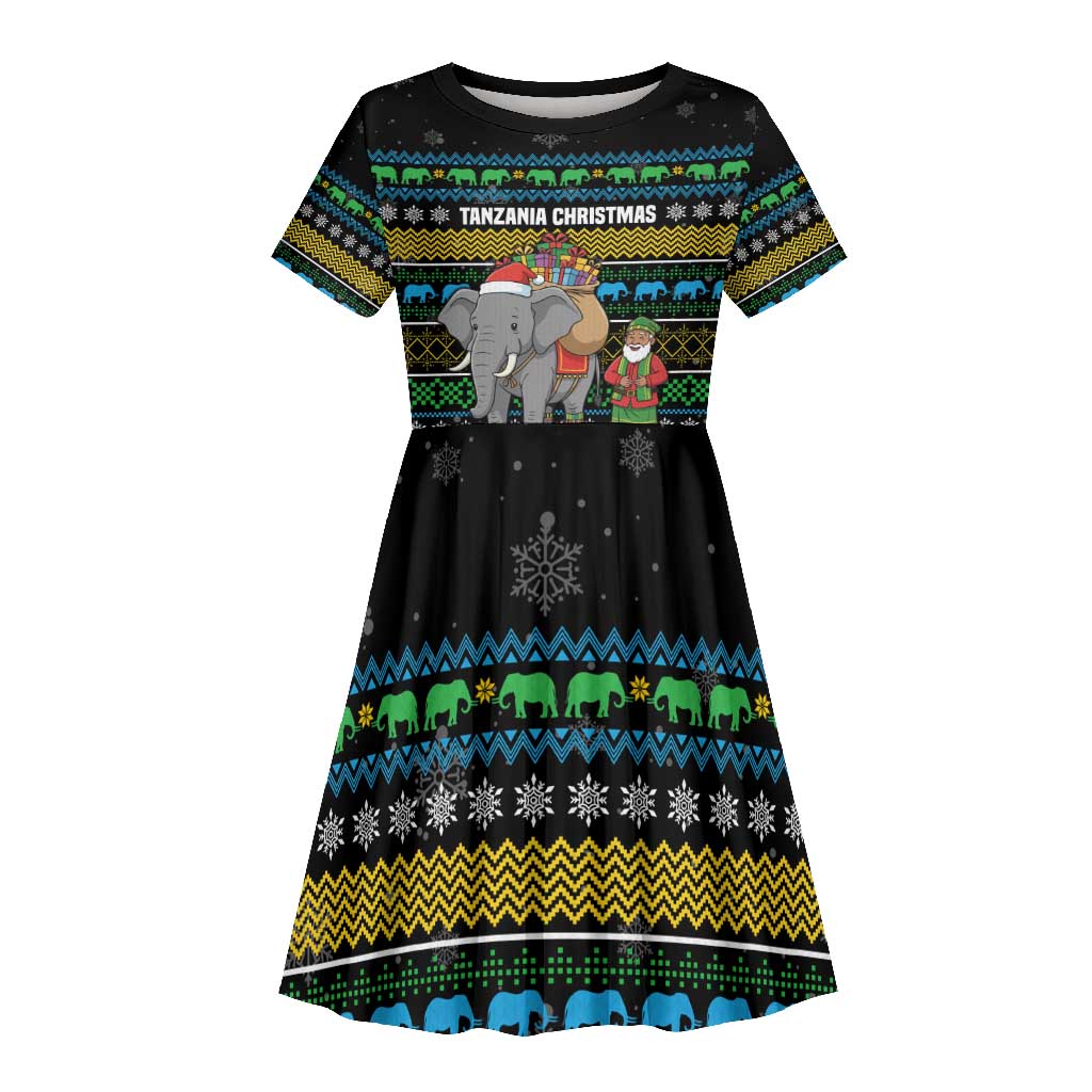 Tanzania Christmas Kid Short Sleeve Dress African Santa Riding Elephant Snowflakes - African Pride