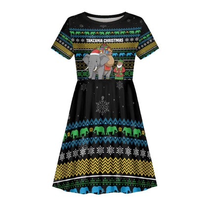 Tanzania Christmas Kid Short Sleeve Dress African Santa Riding Elephant Snowflakes - African Pride