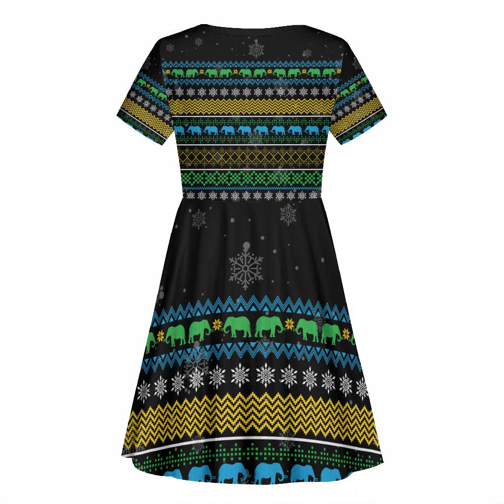 Tanzania Christmas Kid Short Sleeve Dress African Santa Riding Elephant Snowflakes - African Pride