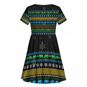 Tanzania Christmas Kid Short Sleeve Dress African Santa Riding Elephant Snowflakes - African Pride