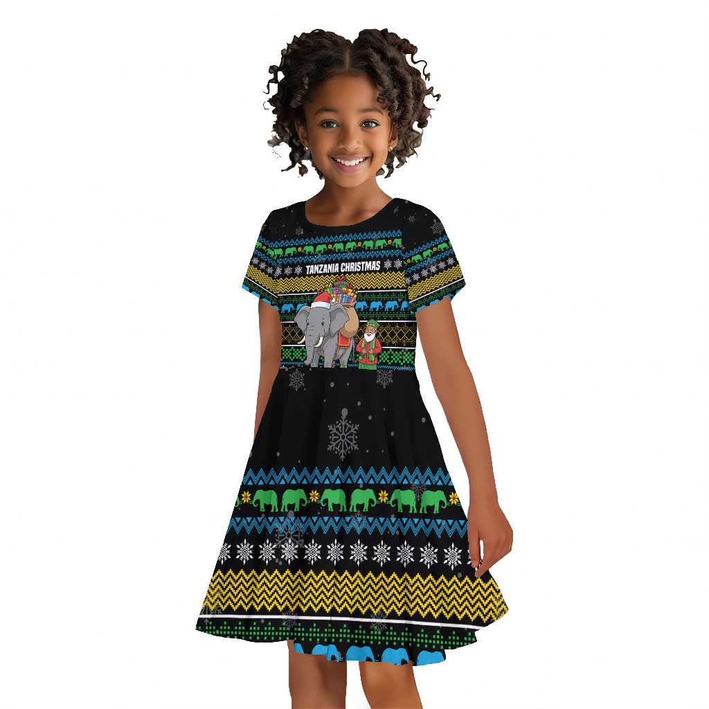 Tanzania Christmas Kid Short Sleeve Dress African Santa Riding Elephant Snowflakes - African Pride