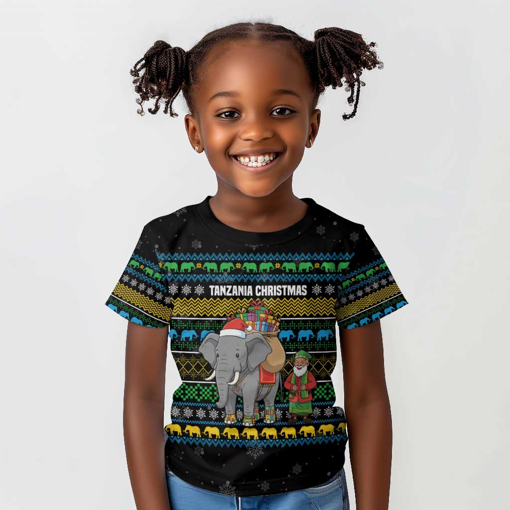 Tanzania Christmas Kid T shirt African Santa Riding Elephant Snowflakes - African Pride