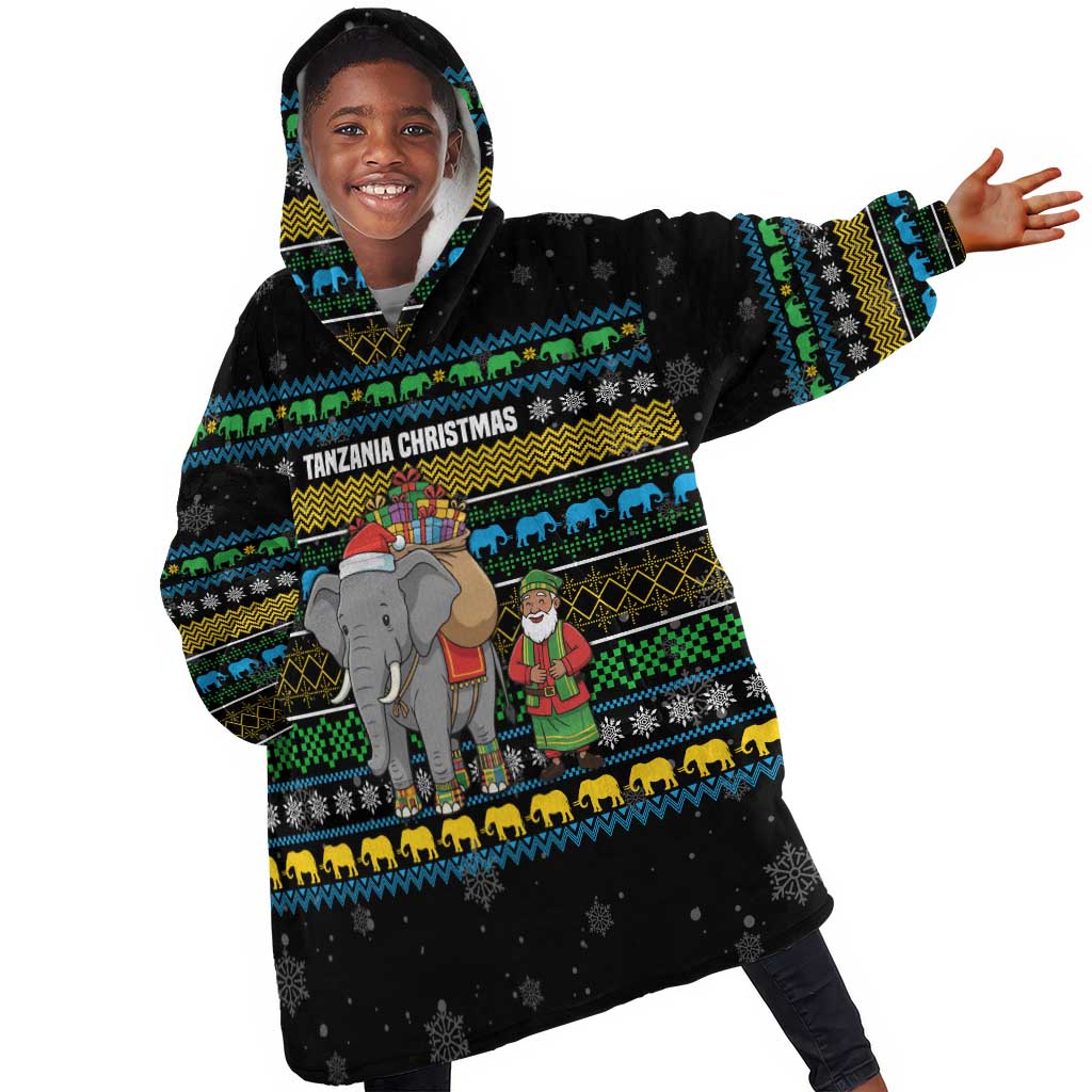 Tanzania Christmas Kid Wearable Blanket Hoodie African Santa Riding Elephant Snowflakes - African Pride