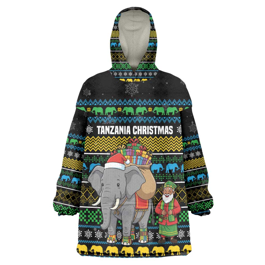 Tanzania Christmas Kid Wearable Blanket Hoodie African Santa Riding Elephant Snowflakes - African Pride