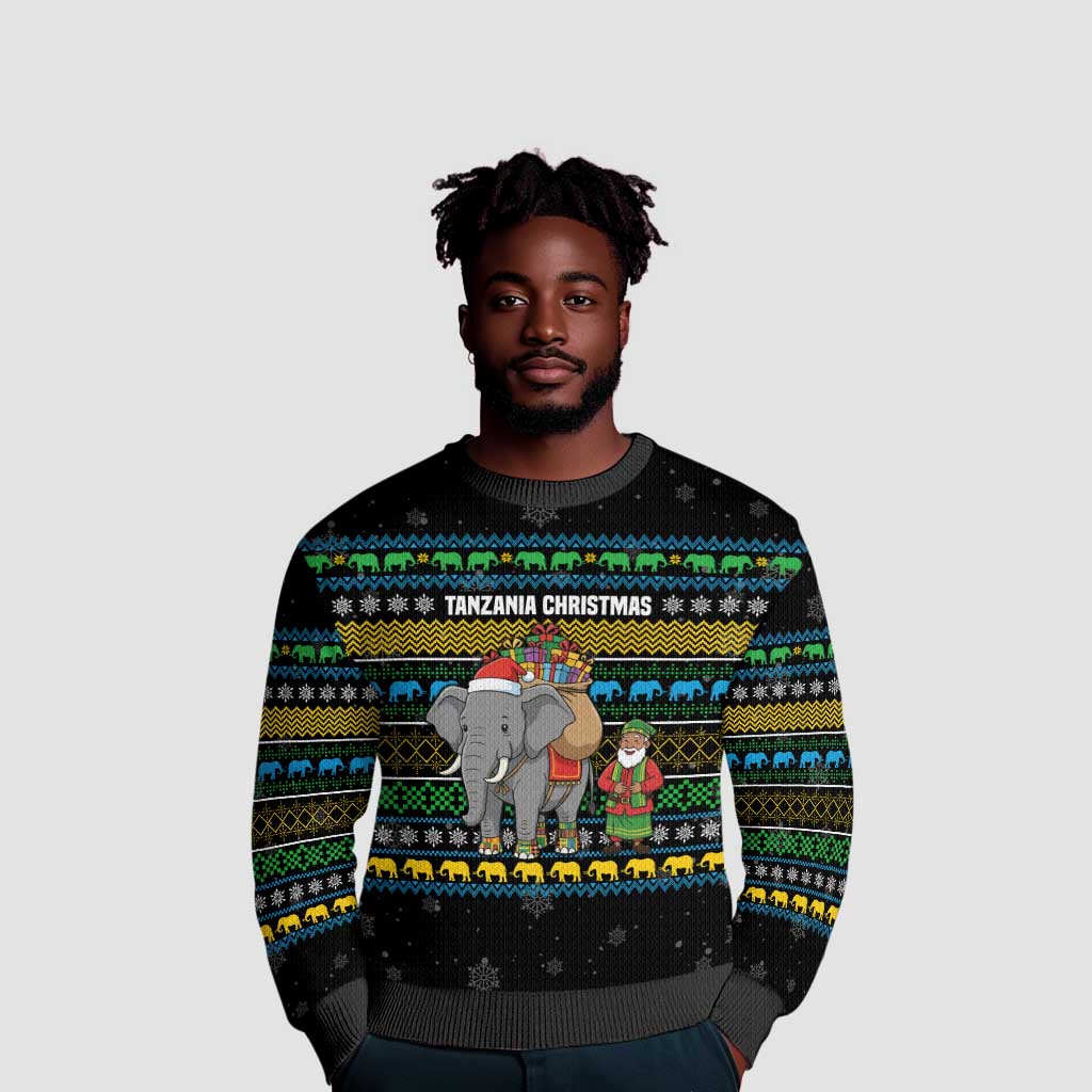 Tanzania Christmas Ugly Christmas Sweater African Santa Riding Elephant Snowflakes - African Pride