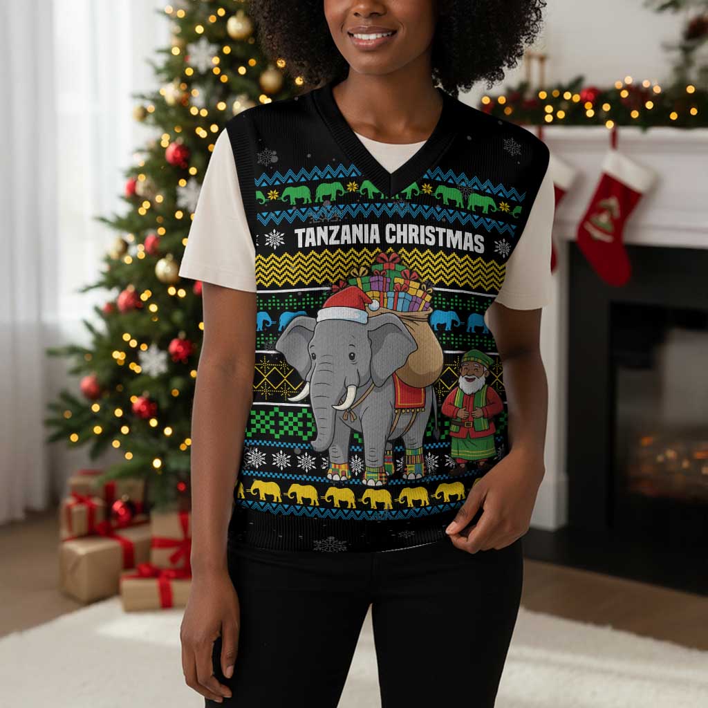 Tanzania Christmas Knitted V-Neck Vest African Santa Riding Elephant Snowflakes - African Pride