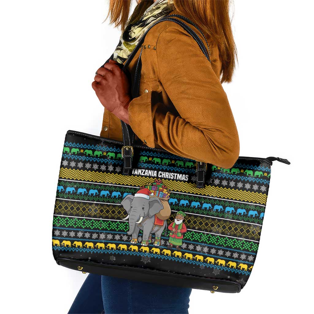 Tanzania Christmas Leather Tote Bag African Santa Riding Elephant Snowflakes - African Pride