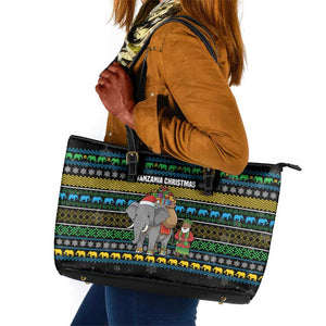 Tanzania Christmas Leather Tote Bag African Santa Riding Elephant Snowflakes - African Pride