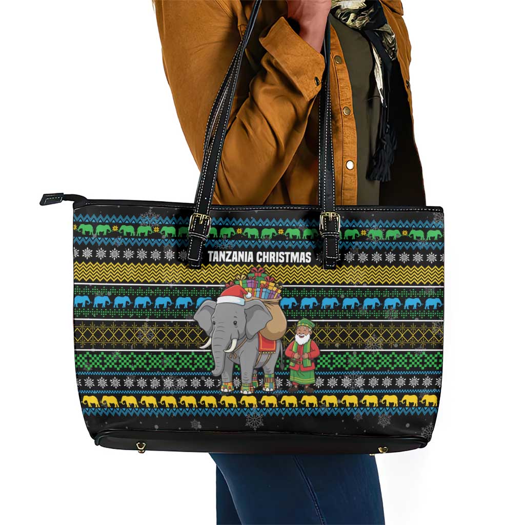 Tanzania Christmas Leather Tote Bag African Santa Riding Elephant Snowflakes - African Pride