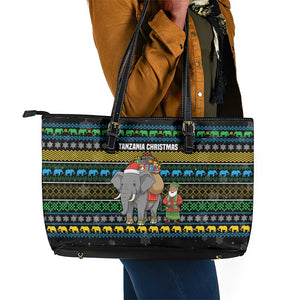 Tanzania Christmas Leather Tote Bag African Santa Riding Elephant Snowflakes - African Pride