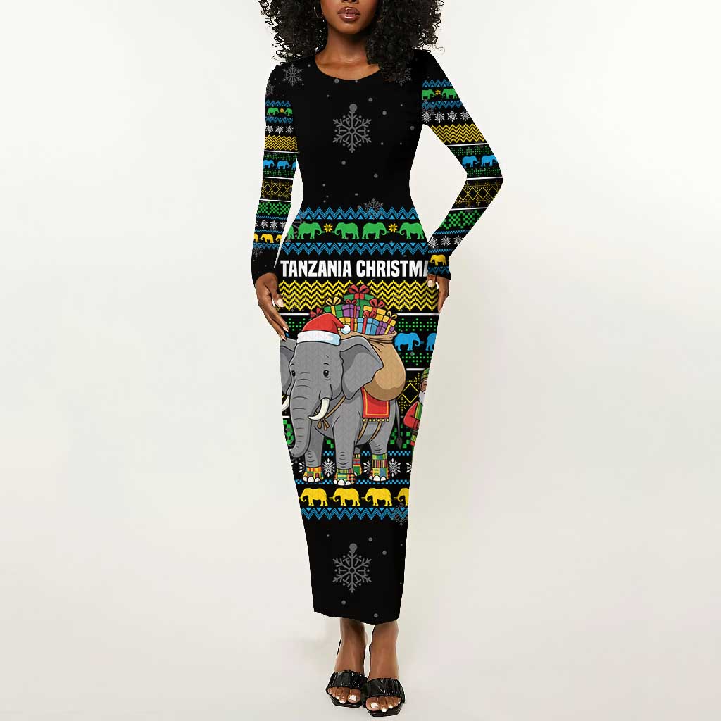 Tanzania Christmas Long Sleeve Bodycon Dress African Santa Riding Elephant Snowflakes - African Pride