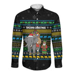 Tanzania Christmas Long Sleeve Button Shirt African Santa Riding Elephant Snowflakes - African Pride