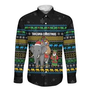 Tanzania Christmas Long Sleeve Button Shirt African Santa Riding Elephant Snowflakes - African Pride