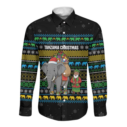 Tanzania Christmas Long Sleeve Button Shirt African Santa Riding Elephant Snowflakes - African Pride
