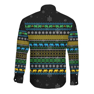 Tanzania Christmas Long Sleeve Button Shirt African Santa Riding Elephant Snowflakes - African Pride