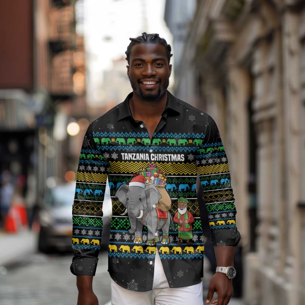 Tanzania Christmas Long Sleeve Button Shirt African Santa Riding Elephant Snowflakes - African Pride