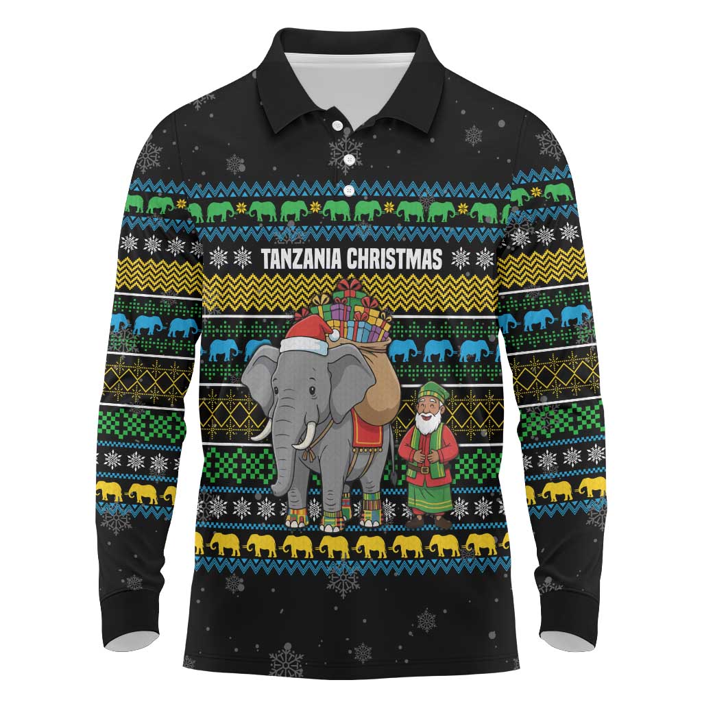 Tanzania Christmas Long Sleeve Polo Shirt African Santa Riding Elephant Snowflakes - African Pride