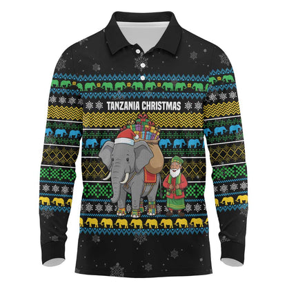 Tanzania Christmas Long Sleeve Polo Shirt African Santa Riding Elephant Snowflakes - African Pride