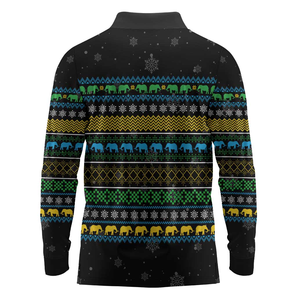 Tanzania Christmas Long Sleeve Polo Shirt African Santa Riding Elephant Snowflakes - African Pride
