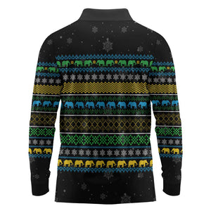 Tanzania Christmas Long Sleeve Polo Shirt African Santa Riding Elephant Snowflakes - African Pride