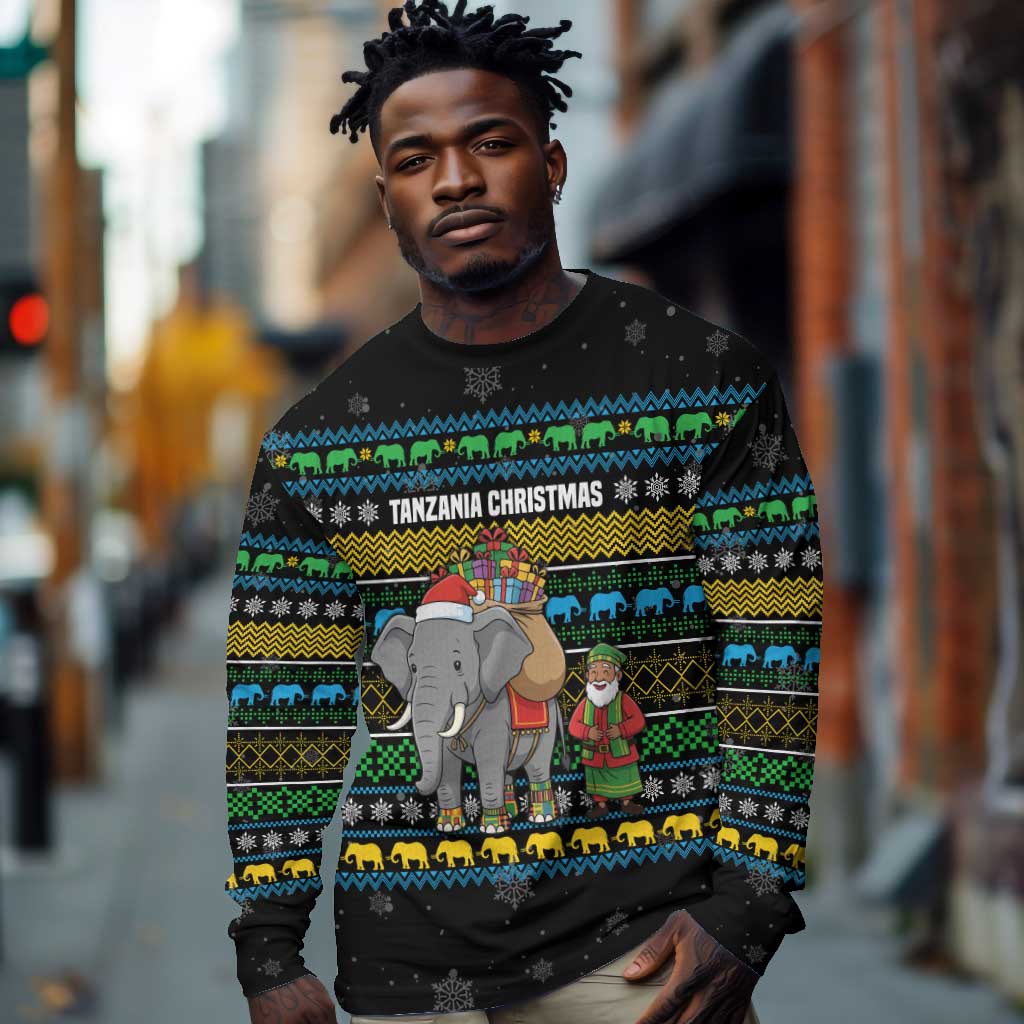 Tanzania Christmas Long Sleeve Shirt African Santa Riding Elephant Snowflakes - African Pride