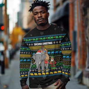 Tanzania Christmas Long Sleeve Shirt African Santa Riding Elephant Snowflakes - African Pride
