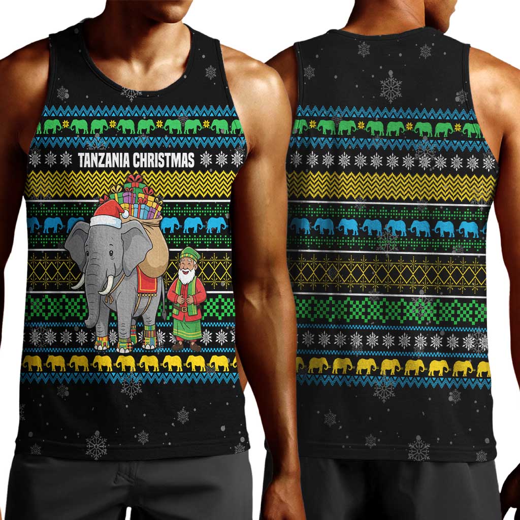 Tanzania Christmas Men Tank Top African Santa Riding Elephant Snowflakes - African Pride
