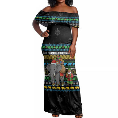 Tanzania Christmas Off Shoulder Maxi Dress African Santa Riding Elephant Snowflakes - African Pride