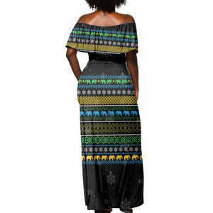 Tanzania Christmas Off Shoulder Maxi Dress African Santa Riding Elephant Snowflakes - African Pride