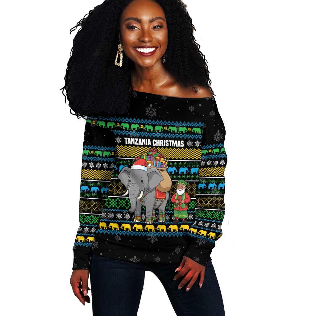Tanzania Christmas Off Shoulder Sweater African Santa Riding Elephant Snowflakes - African Pride