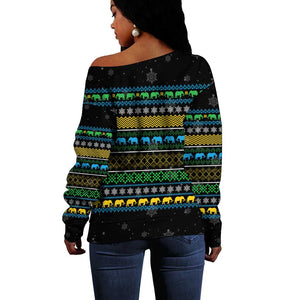 Tanzania Christmas Off Shoulder Sweater African Santa Riding Elephant Snowflakes - African Pride