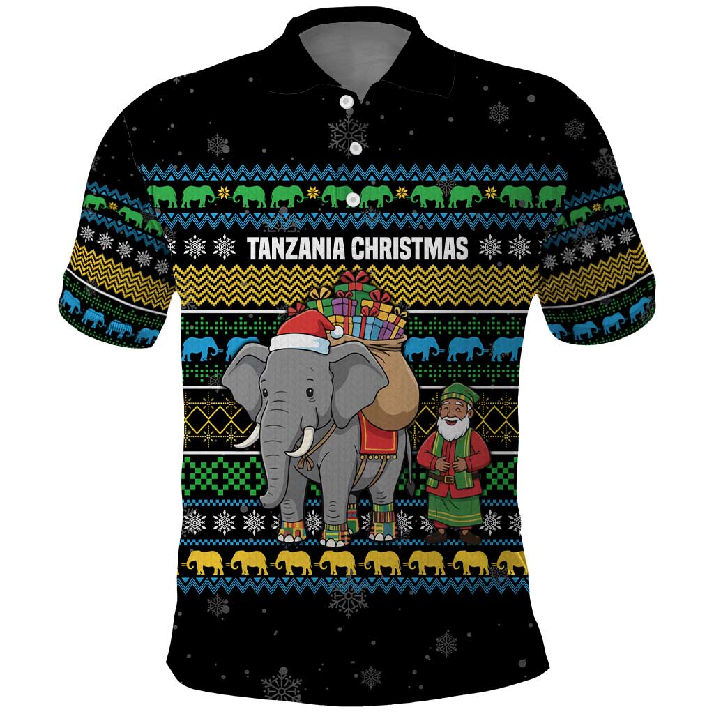 Tanzania Christmas Polo Shirt African Santa Riding Elephant Snowflakes - African Pride