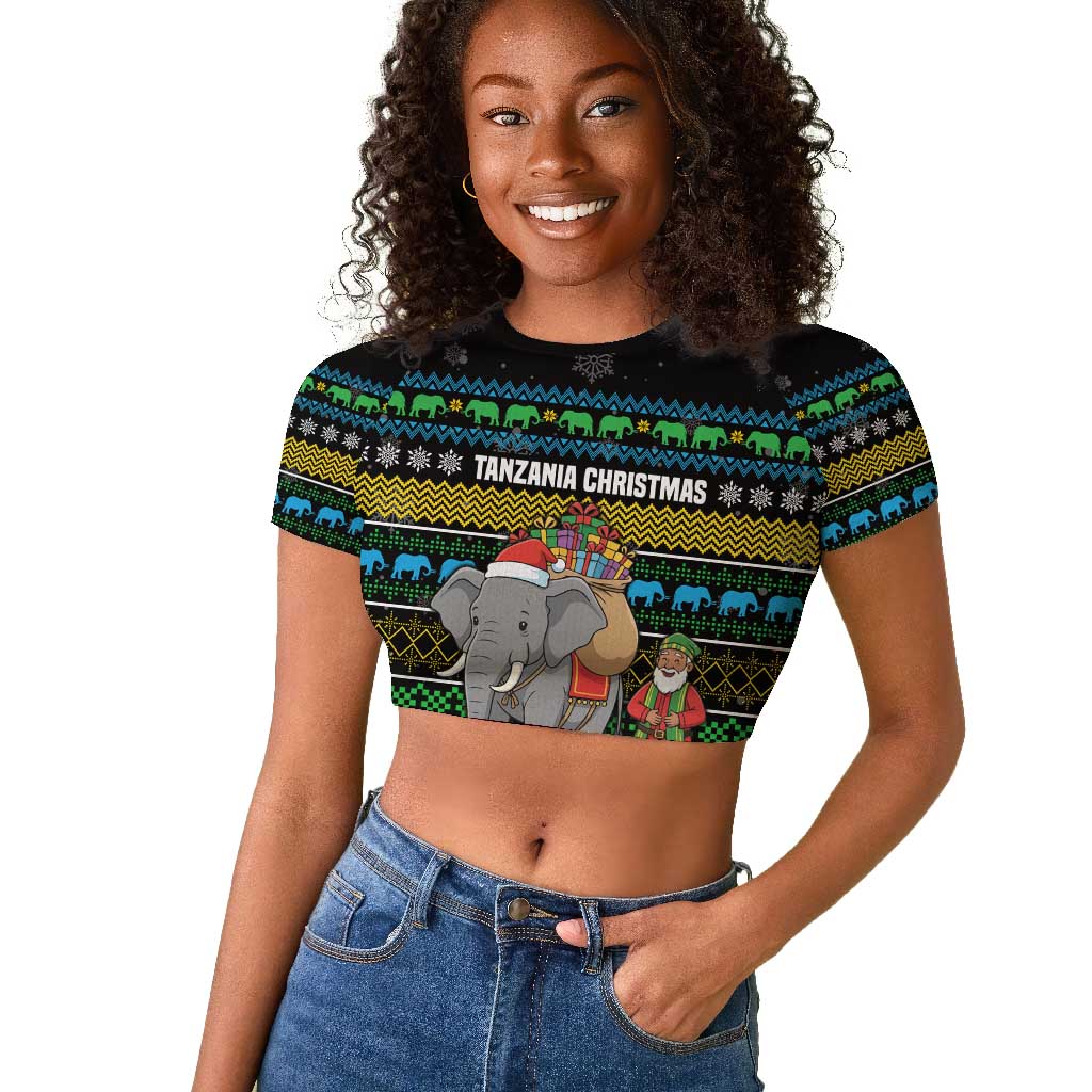 Tanzania Christmas Raglan Cropped T shirt African Santa Riding Elephant Snowflakes - African Pride