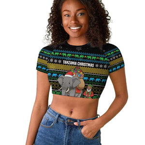 Tanzania Christmas Raglan Cropped T shirt African Santa Riding Elephant Snowflakes - African Pride