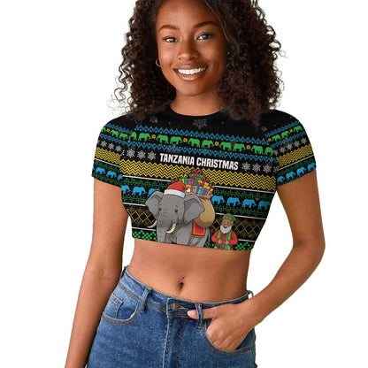 Tanzania Christmas Raglan Cropped T shirt African Santa Riding Elephant Snowflakes - African Pride