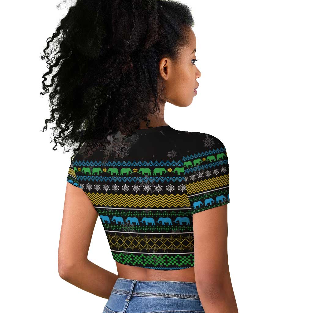 Tanzania Christmas Raglan Cropped T shirt African Santa Riding Elephant Snowflakes - African Pride