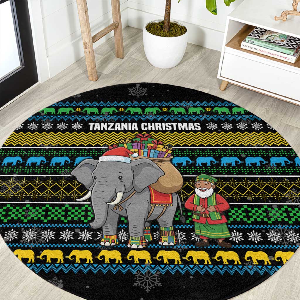 Tanzania Christmas Round Carpet African Santa Riding Elephant Snowflakes - African Pride