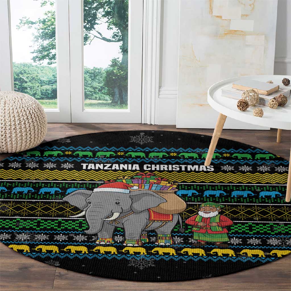 Tanzania Christmas Round Carpet African Santa Riding Elephant Snowflakes - African Pride