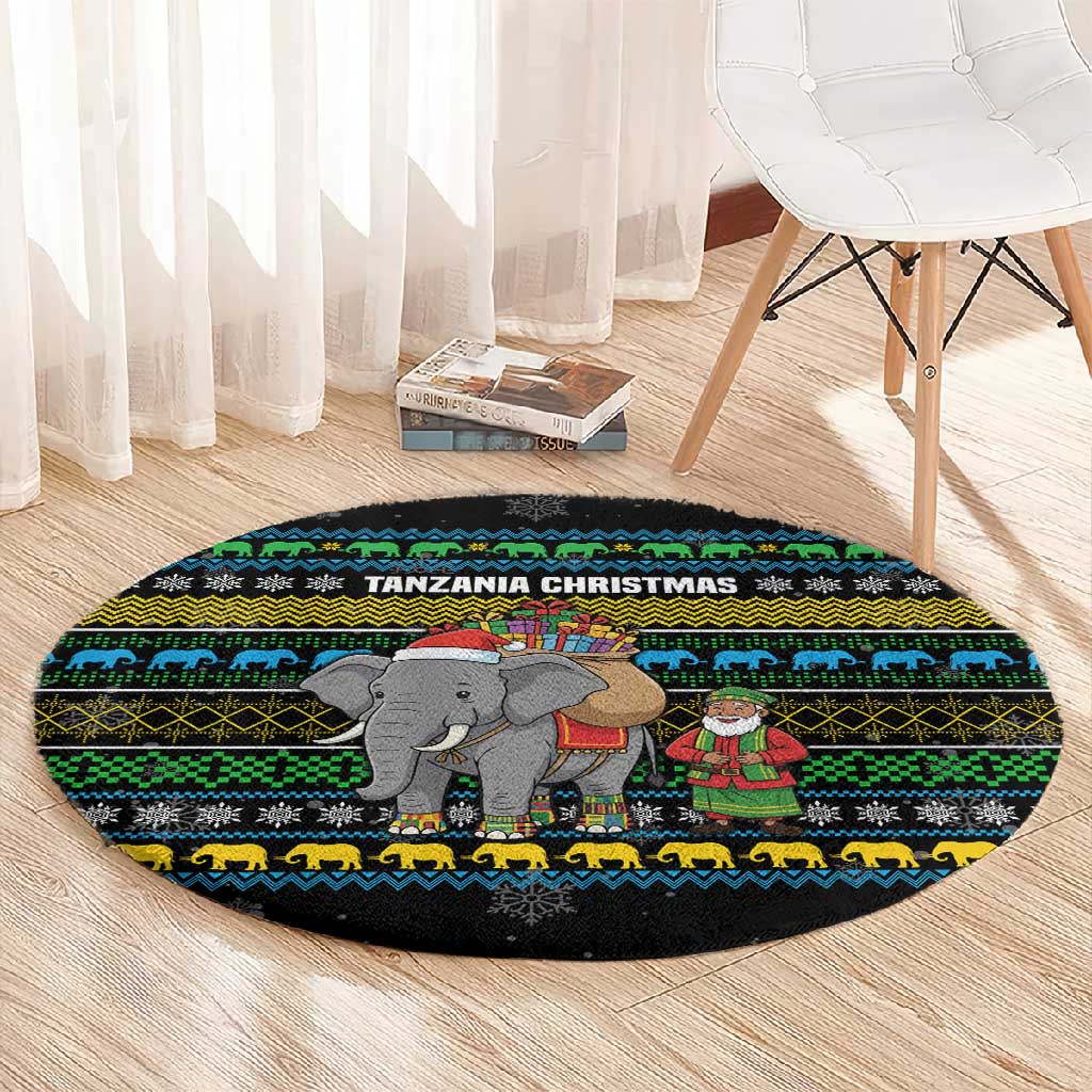 Tanzania Christmas Round Carpet African Santa Riding Elephant Snowflakes - African Pride