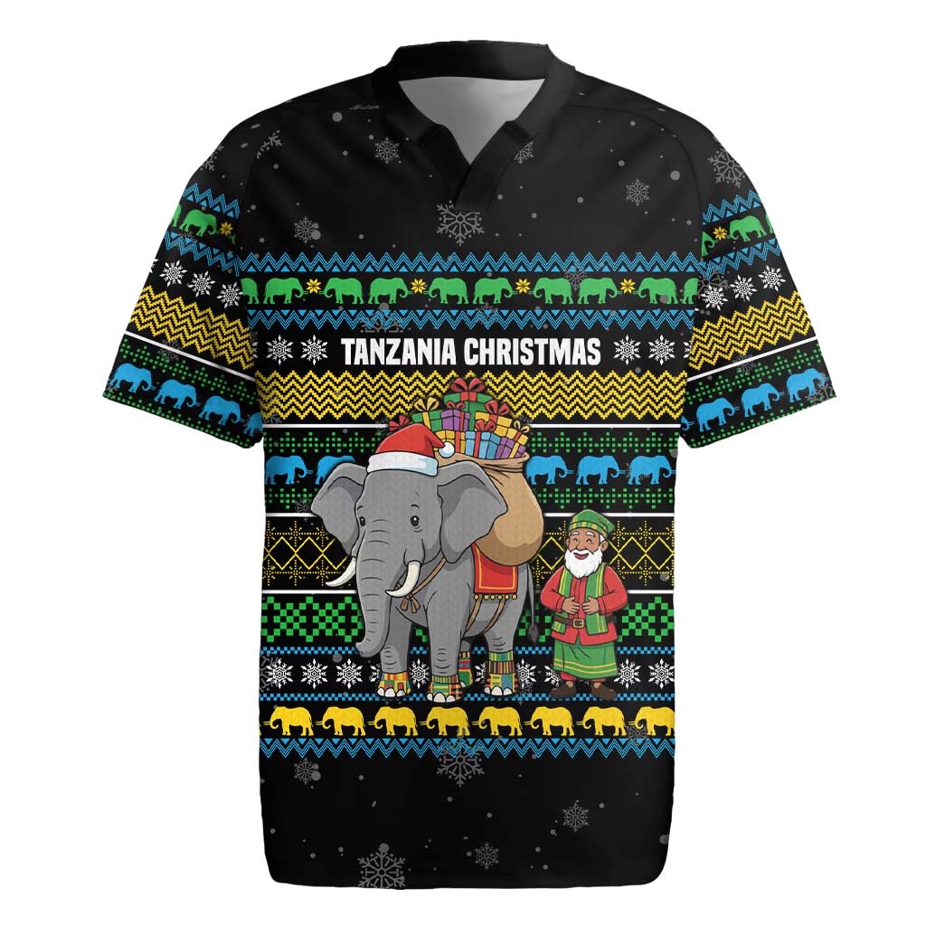 Tanzania Christmas Rugby Jersey African Santa Riding Elephant Snowflakes - African Pride